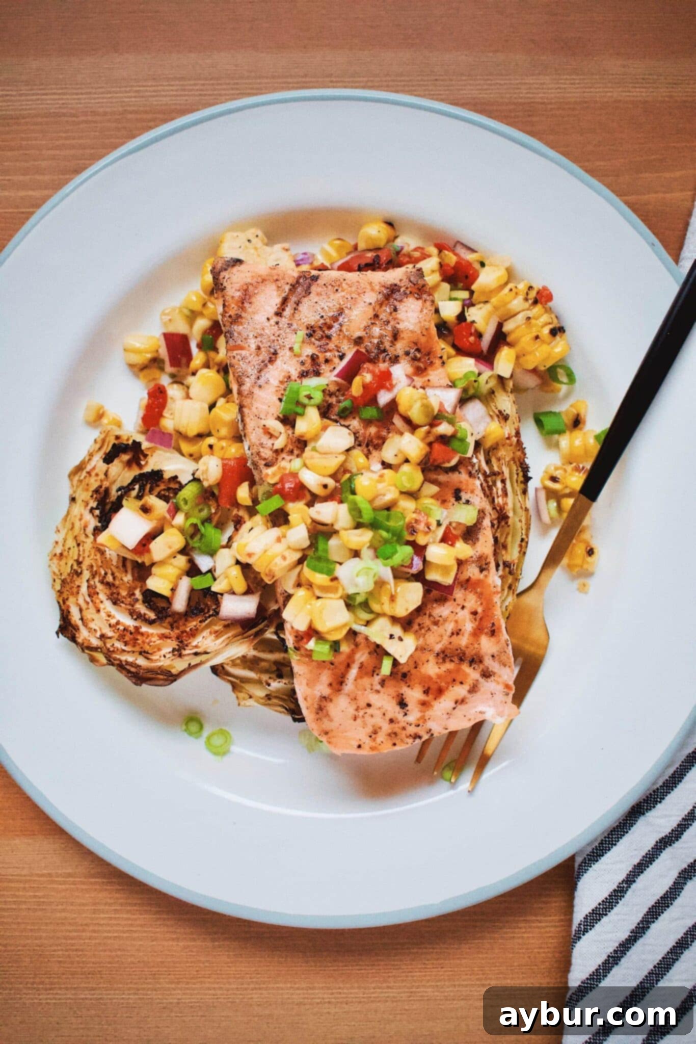 Flaky Seared Salmon with Tender Roasted Cabbage and Sweet Corn Salad 1 featured 15745