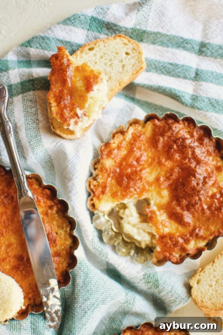 A large serving of Artichoke Three Cheese Dip with a side of toasted bread.