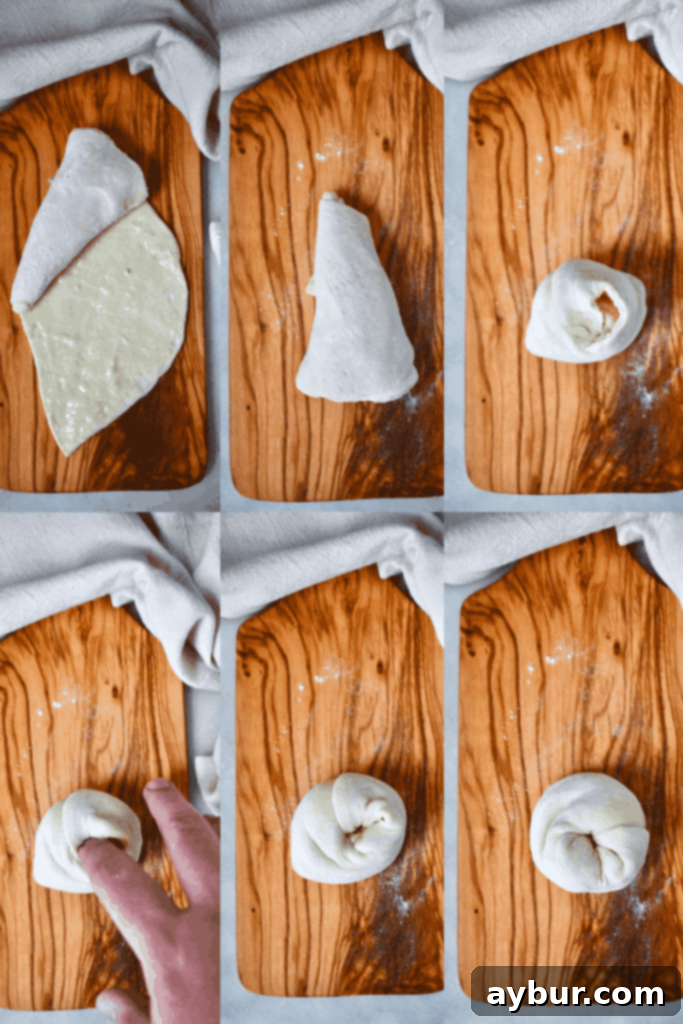 Step-by-step images showing how to roll and shape Roti dough for flaky layers