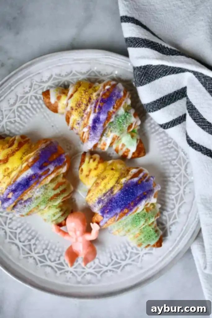 Homemade Bakery Croissants 9 Mardi Gras King Cake Croissants with colorful glaze and sprinkles
