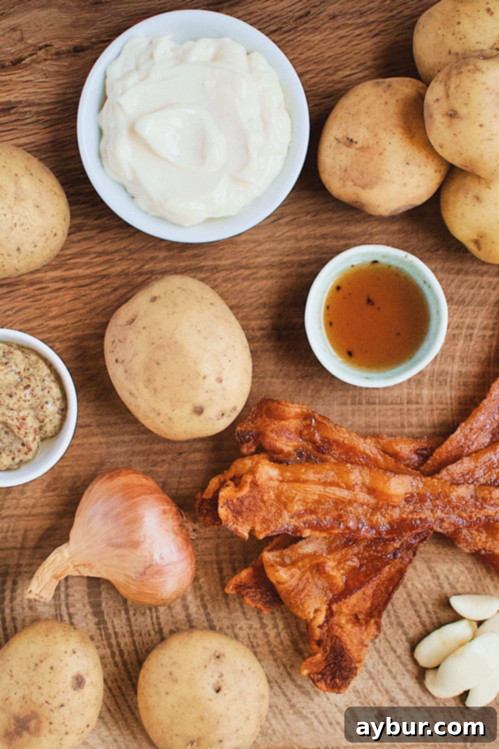Golden Herb Roasted Potato Salad 5 Ingredients for Roasted Potato Salad dressing, including mayonnaise, Creole mustard, and white balsamic vinegar.