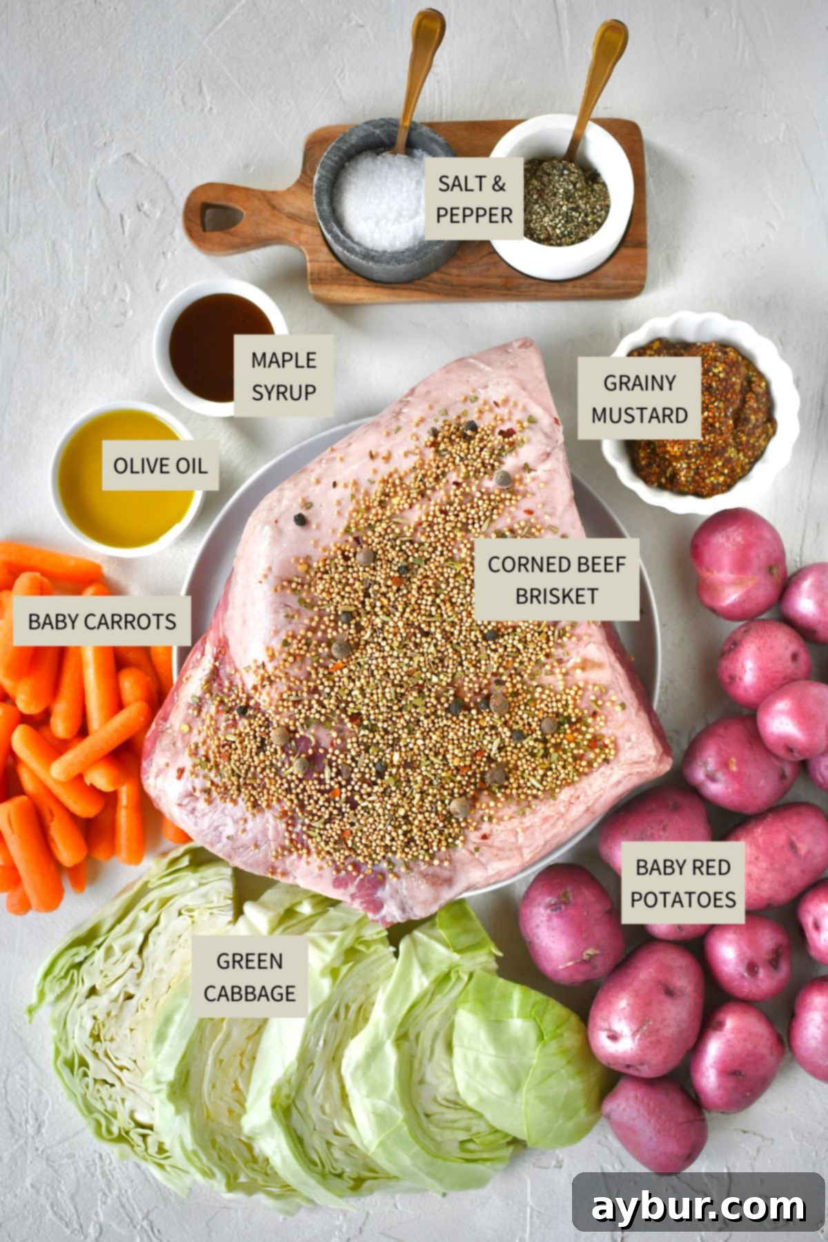 All the fresh ingredients laid out for making Corned Beef and Cabbage: a raw corned beef brisket, fresh green cabbage, small red potatoes, baby carrots, grainy mustard, and honey.