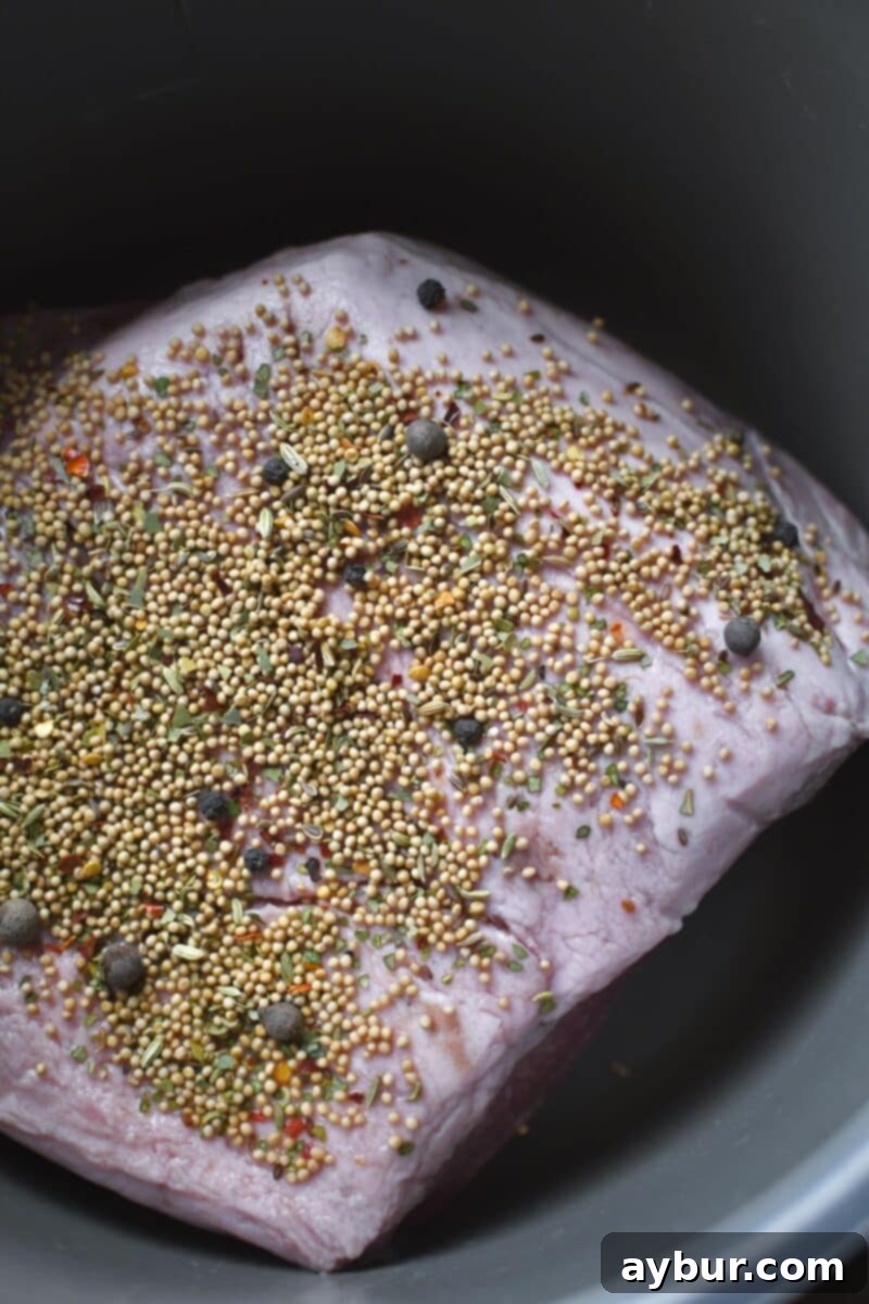 A raw corned beef brisket nestled inside the Instant Pot, generously topped with its accompanying seasoning packet, ready for cooking.