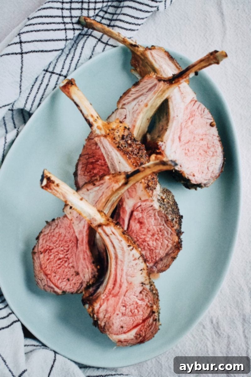 Perfectly Roasted Rack of Lamb, sliced into individual chops ready for serving.