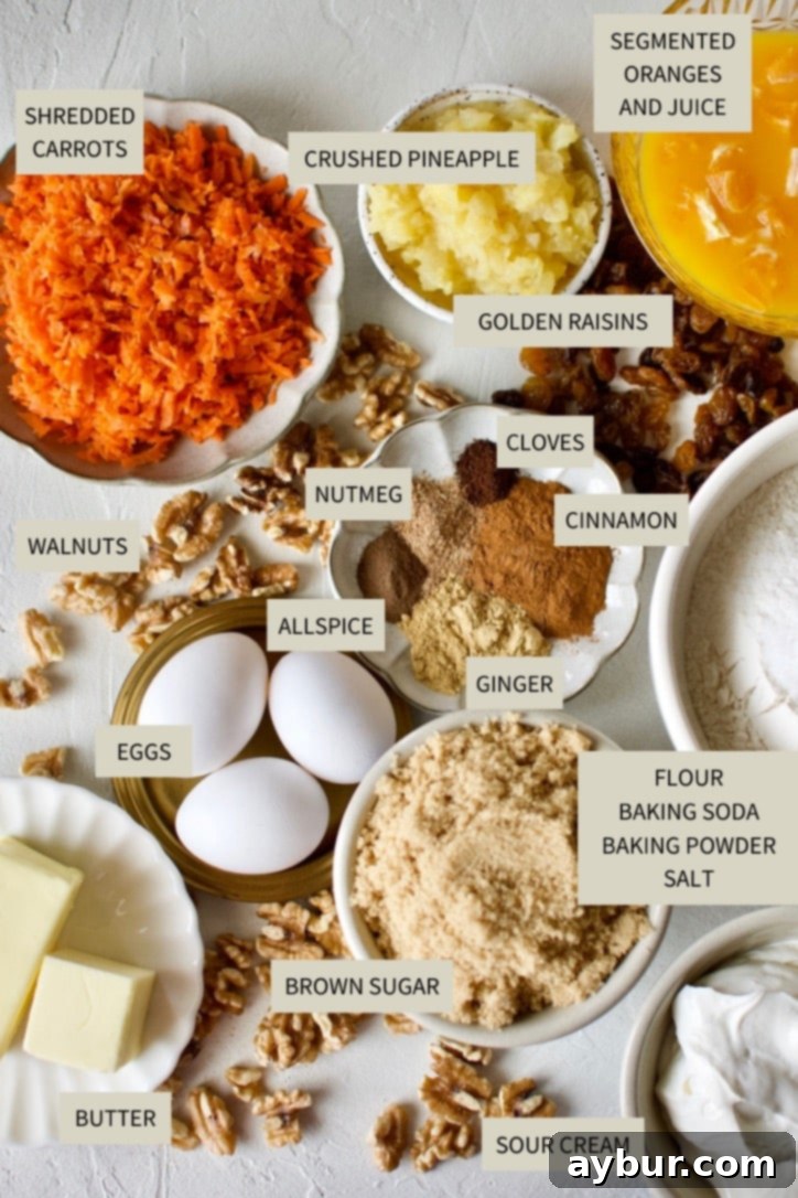 Ingredients needed to make Carrot Cake with Pineapple and Orange, laid out on a kitchen counter.