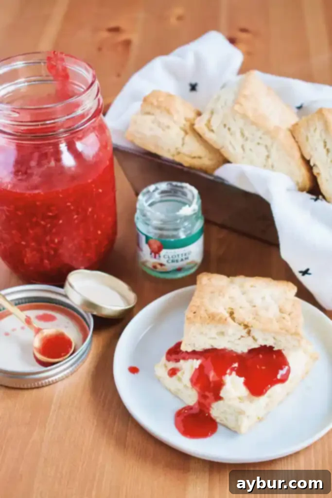 Homemade Raspberry Jam served with fluffy Irish Scones, a perfect breakfast or tea-time treat.