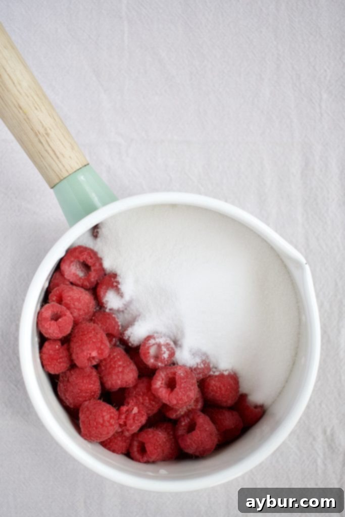 Fresh raspberries and granulated sugar in a saucepot, ready to be cooked into delicious homemade raspberry jam, showcasing the initial stage.