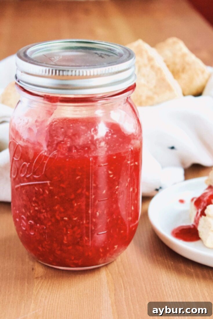 Homemade Raspberry Jam in a small glass jar, ready to be enjoyed.