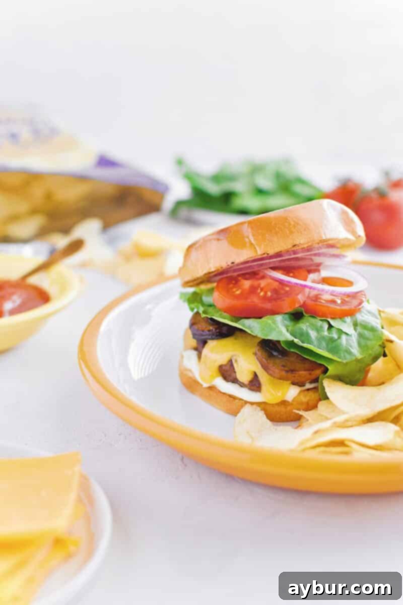 Not-So "Basic" Burger stacked up on a plate with chips and my favorite toppings.