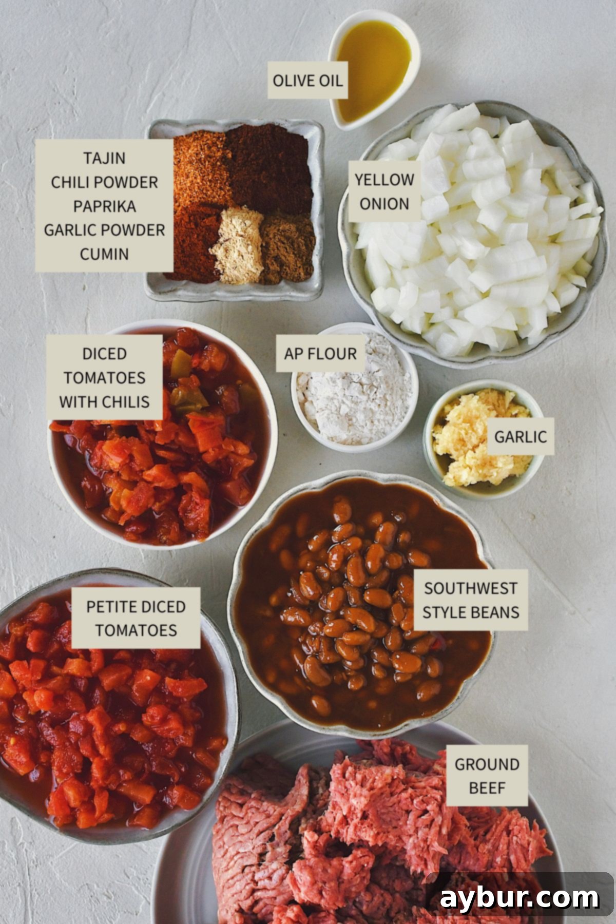 A visual display of all the fresh and canned ingredients needed to prepare the homemade Hot Dog Sauce.