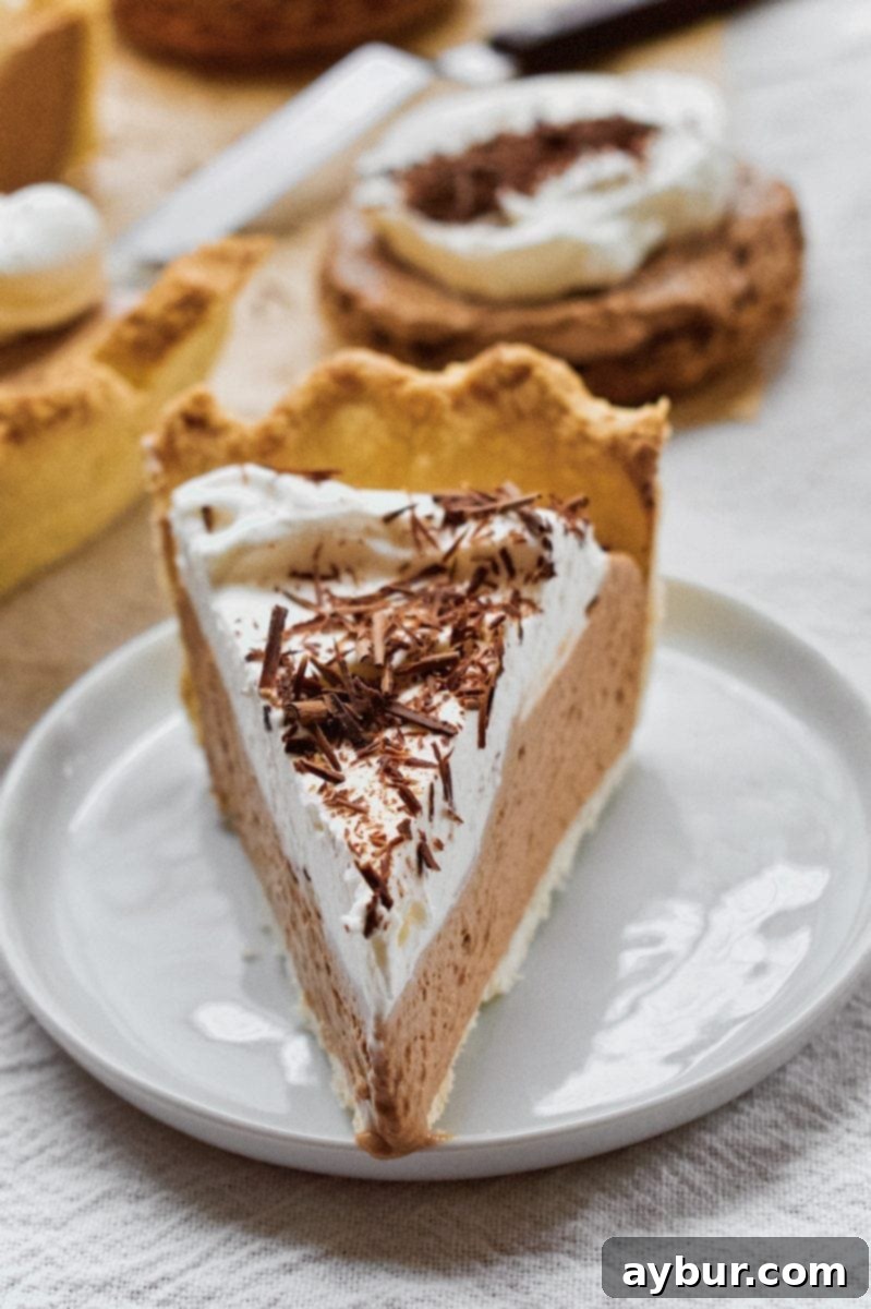 A close-up of a creamy, rich French Silk Pie filling, revealing its smooth texture before being covered with whipped cream.