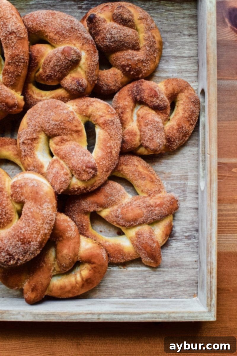 Authentic Movie Theater Pretzels and Cheese Dip 3 Delicious cinnamon sugar coated soft pretzels, a sweet variation of Joanna Gaines' homemade pretzel recipe, ready for a delightful treat.