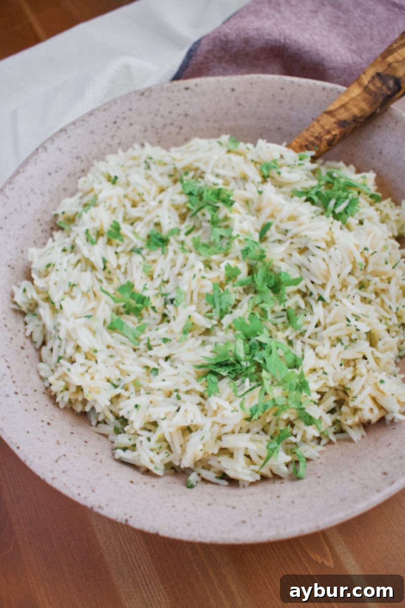 Joanna Gaines Cilantro Lime Rice, captured from an appealing close-up angle, highlighting its fluffy texture, fresh cilantro, and the subtle shimmer of butter.