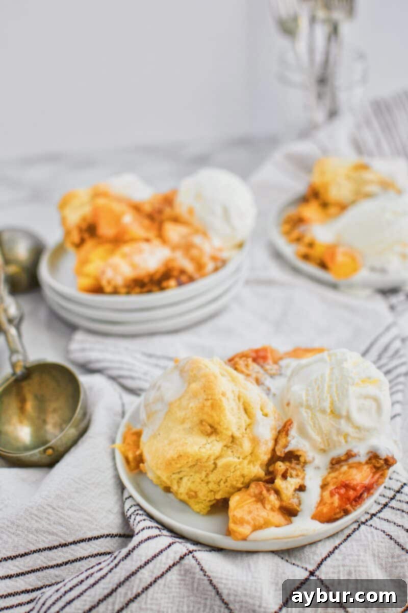 Rustic Skillet Peach Cobbler with Sweet Brown Sugar Crumble 7 A warm, freshly baked Skillet Peach Cobbler with Bourbon Brown Sugar Crumble, ready to be served.