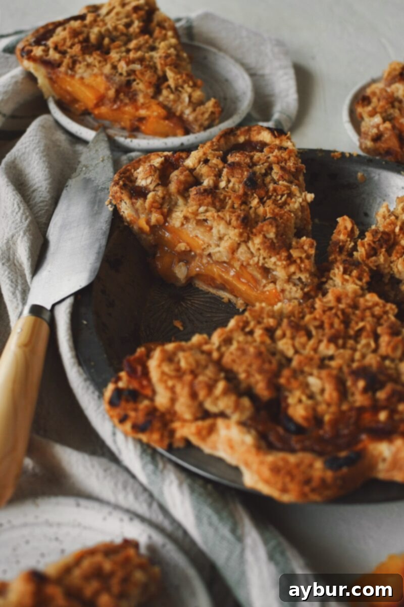 Warm Spiced Peach Crumble 2 Looking into the spiced peach pie tin, seeing the layers of peaches and crumble topping.