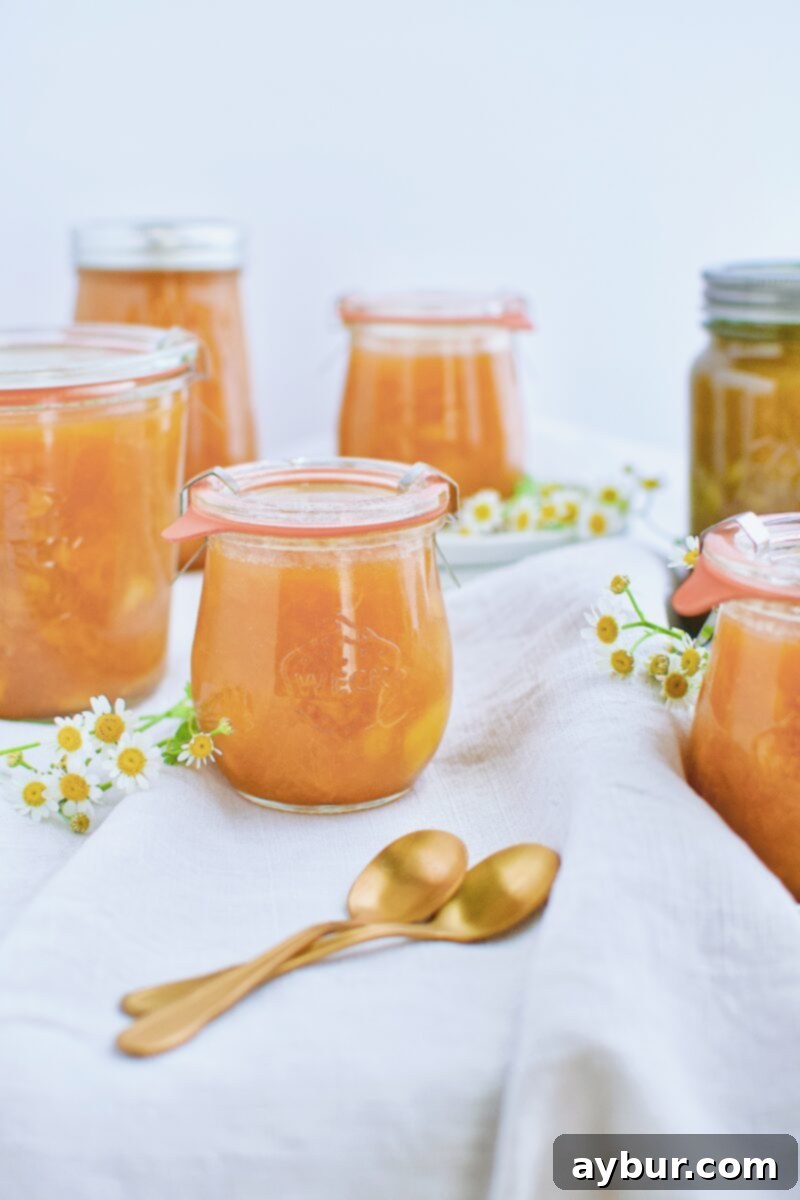 Lush Bourbon and Brown Sugar Peach Jam in a mason jar with fresh peaches
