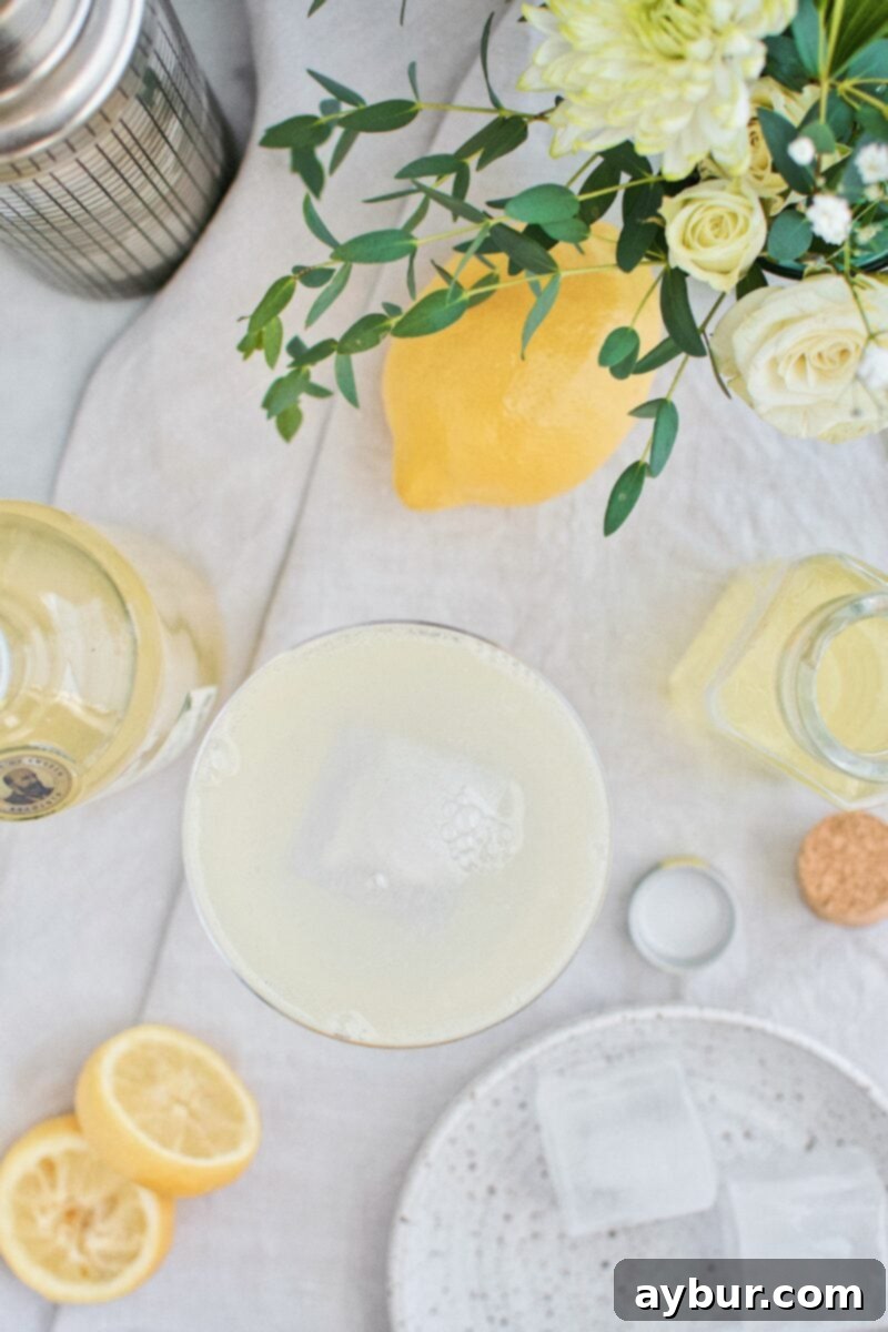 A hand holding a Sparkling Pear and Elderflower Lemonade cocktail recipe in a coupe glass