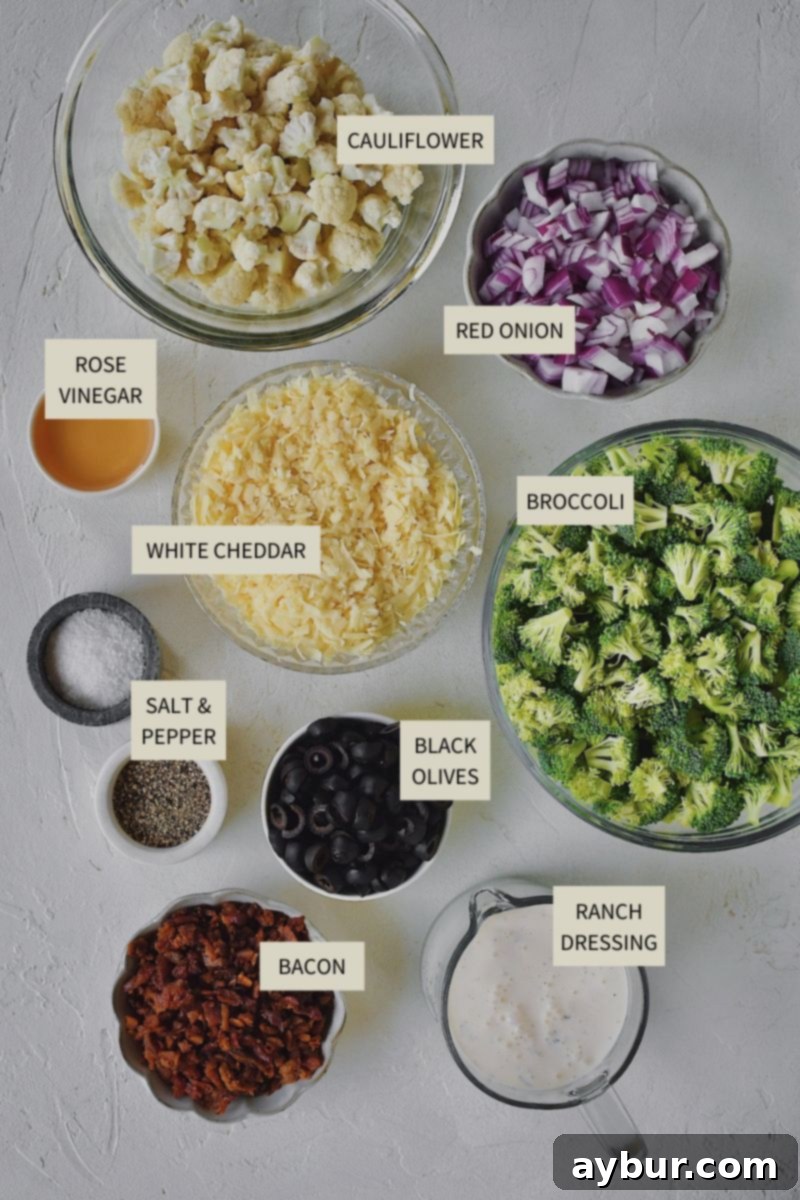 Vibrant Broccoli and Cauliflower Power Salad 3 Ingredients needed to make Broccoli and Cauliflower Salad.