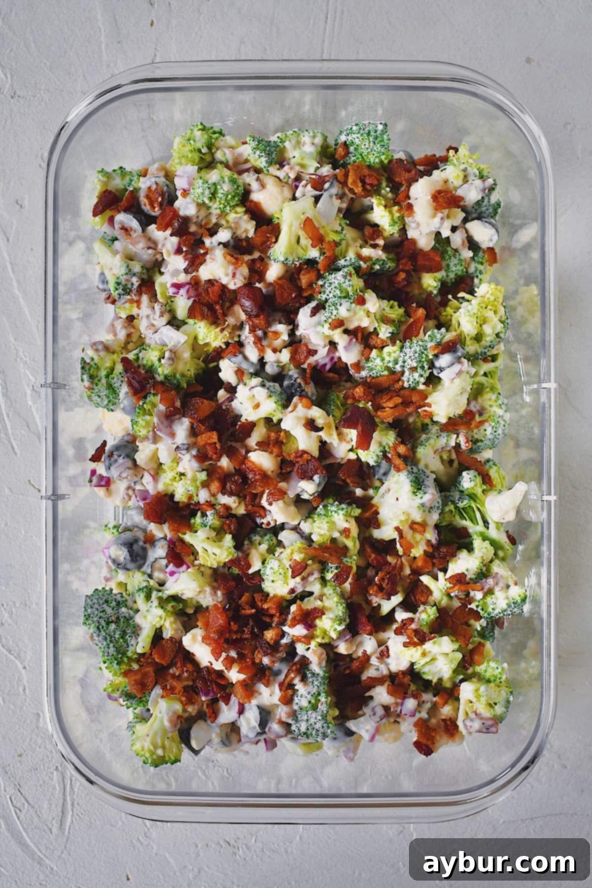 Vibrant Broccoli and Cauliflower Power Salad 10 Finished Broccoli and Cauliflower Salad finished with bacon on top. In a container ready to take on a picnic.
