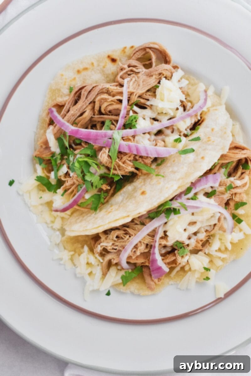 Joanna Gaines recipe for Pulled Pork Street Tacos - A close-up of a prepared street taco with pulled pork and various fresh toppings.