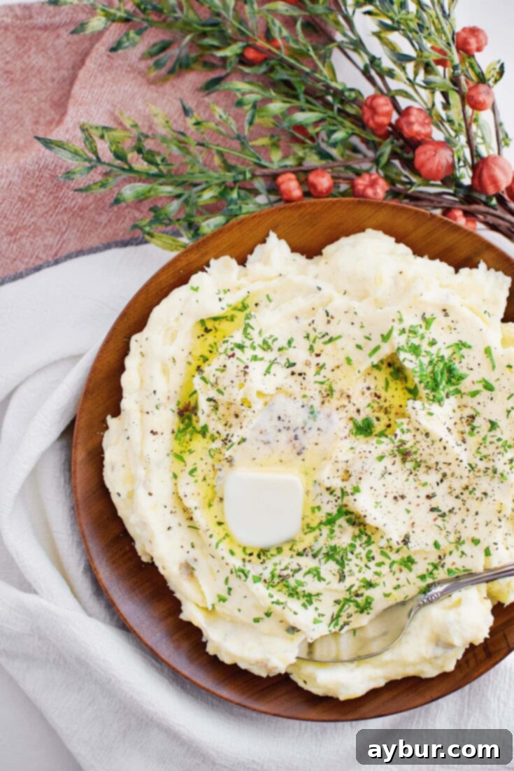 Large bowl of homemade whipped Yukon Gold potatoes