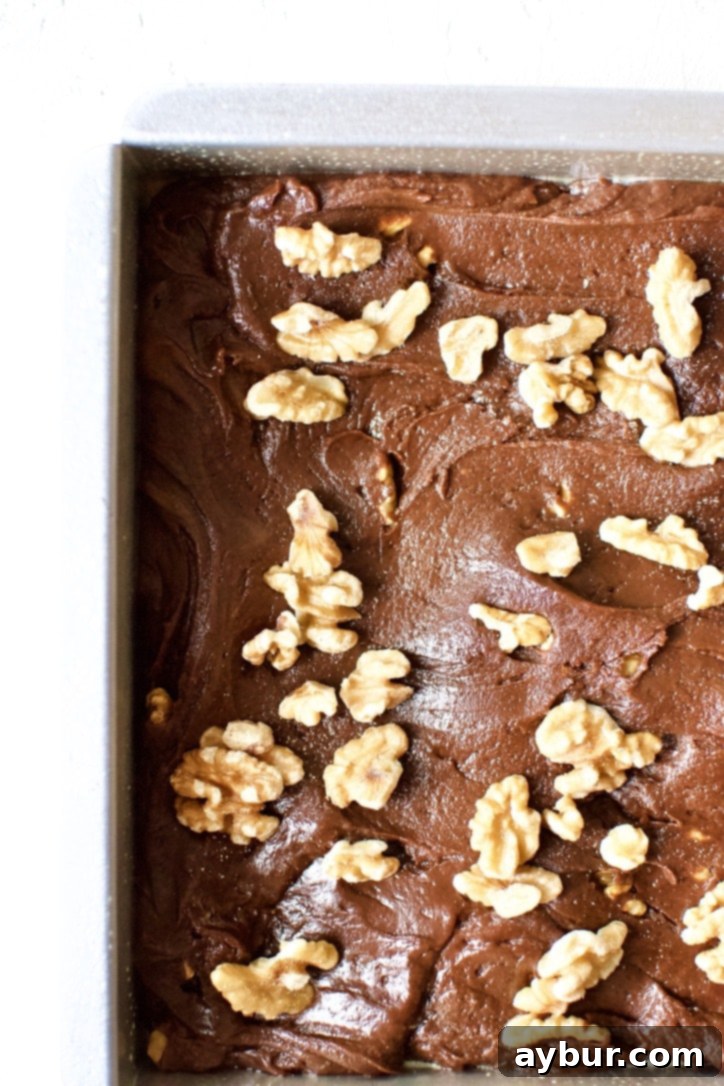 Decadent Fudgy Walnut Brownies 9 Classic brownie batter spread evenly in a prepared baking tin and topped with walnuts