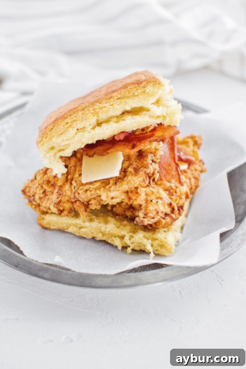 Fried Chicken Biscuit 9 Assembled Fried Chicken Biscuit Sandwich with honey butter, ready to serve