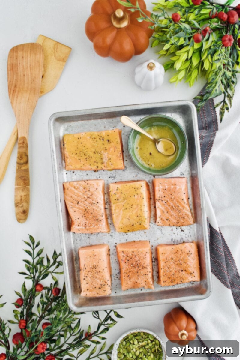 Salmon fillets coated with a luscious mustard and maple glaze