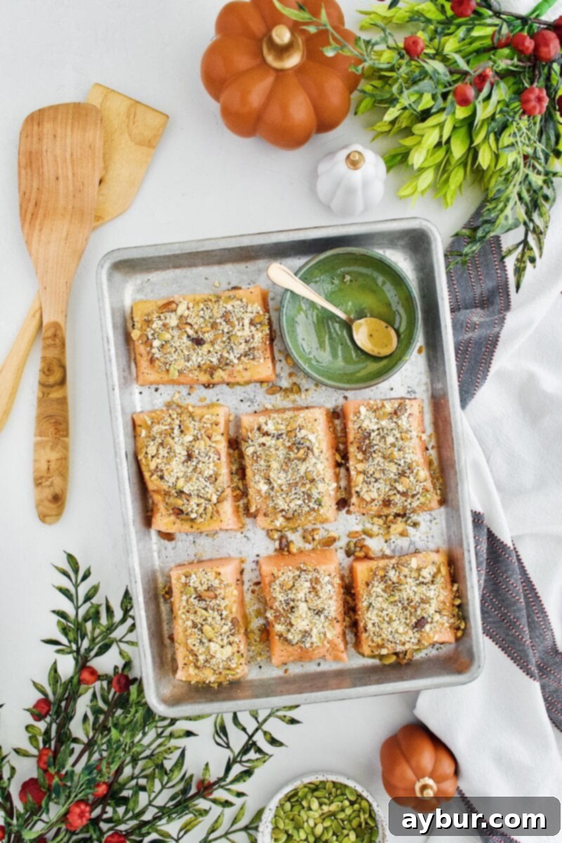 Salmon fillets generously topped with a golden pepita and panko crust