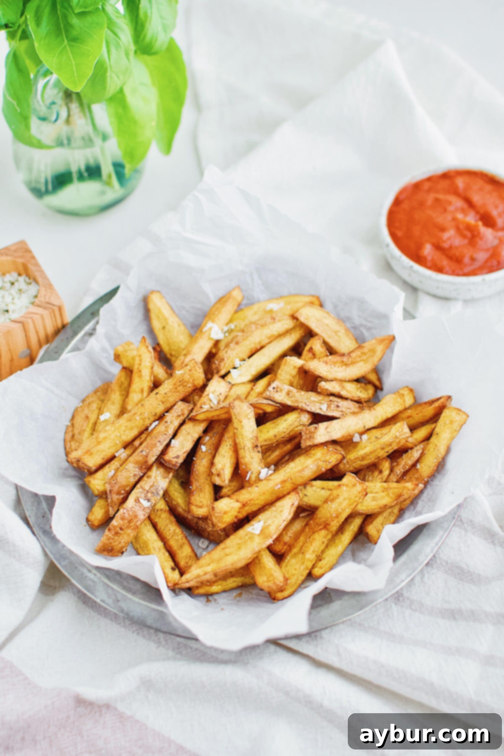 Homemade Fries Made Easy 8 Close-up of crispy homemade french fries, perfectly golden and ready for dipping in truffle ketchup
