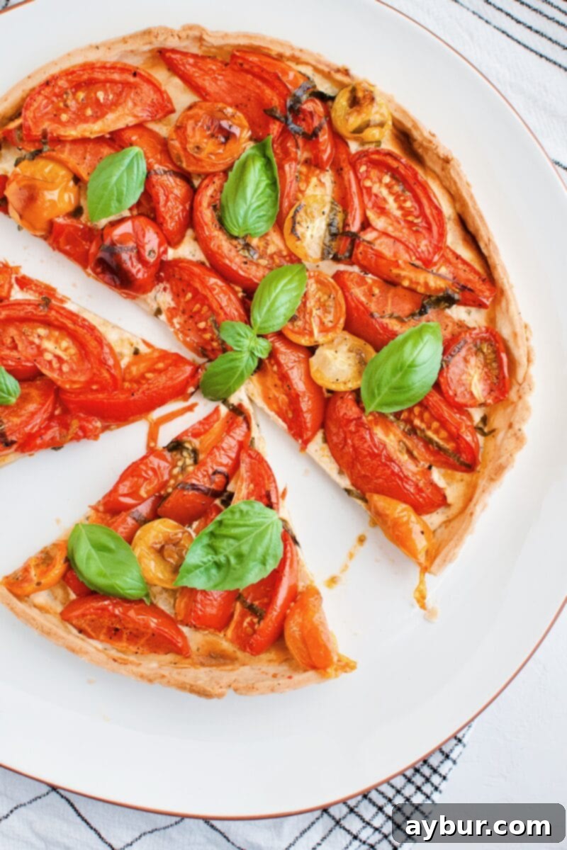 Rustic Roasted Tomato Tart 8 Large, appetizing slices of Roasted Tomato Tart on a serving platter