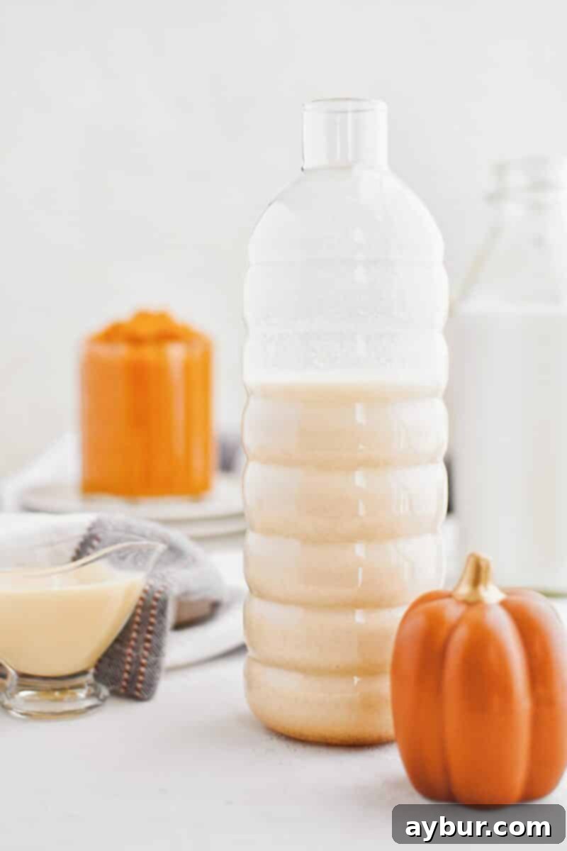 A glass of freshly made homemade pumpkin milk, perfectly smooth and creamy.