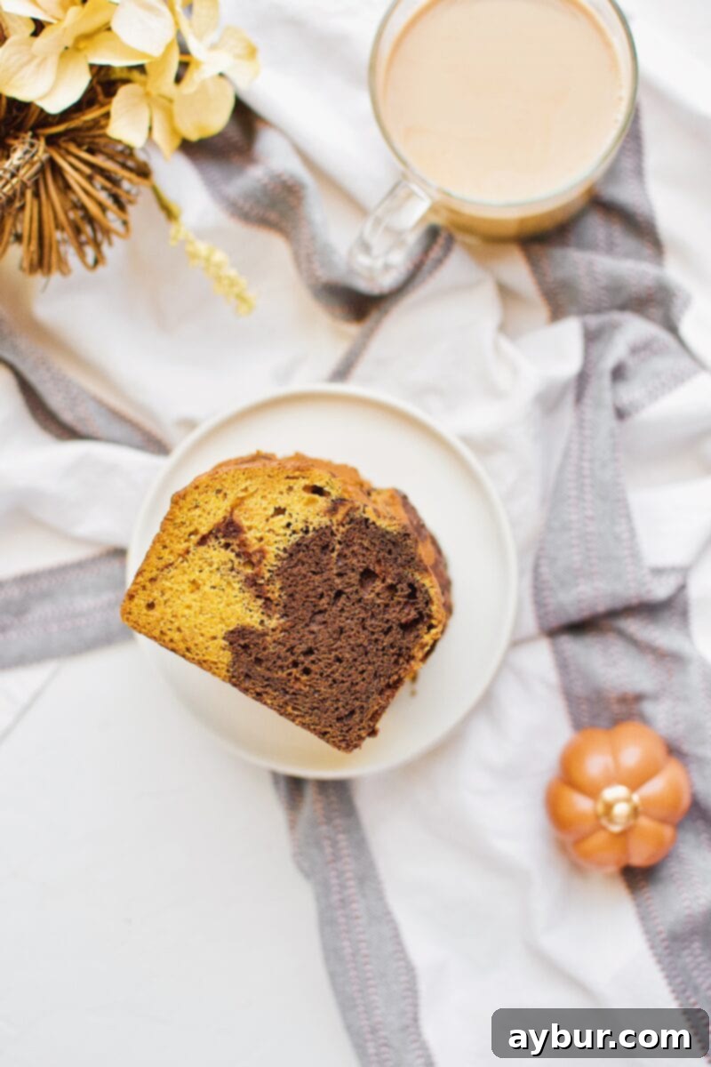 Slices of Chocolate Pumpkin Swirl Bread showing distinct pumpkin and chocolate swirls