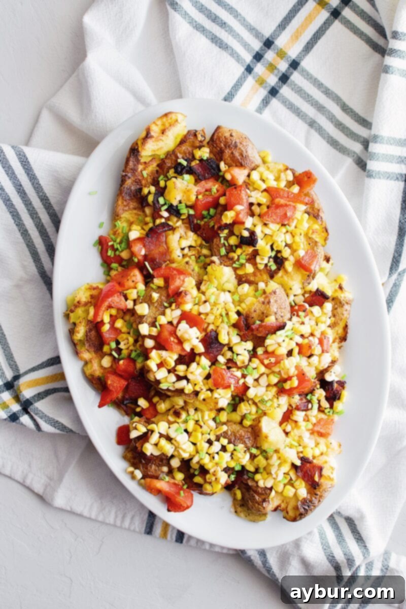 Smashed Potatoes with Bacon, Corn, and Tomato Salad - a vibrant and crispy side dish