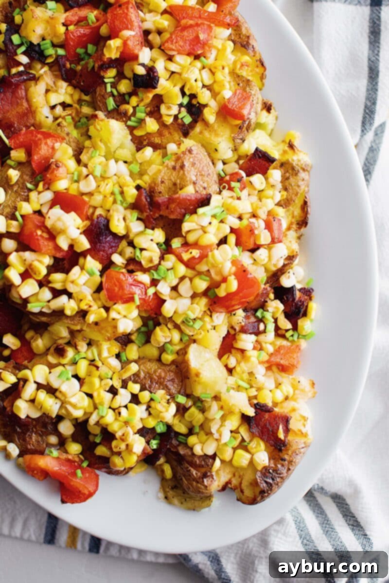 Full spread of Smashed Potatoes with Corn, Tomato, and Bacon Salad, ready to serve