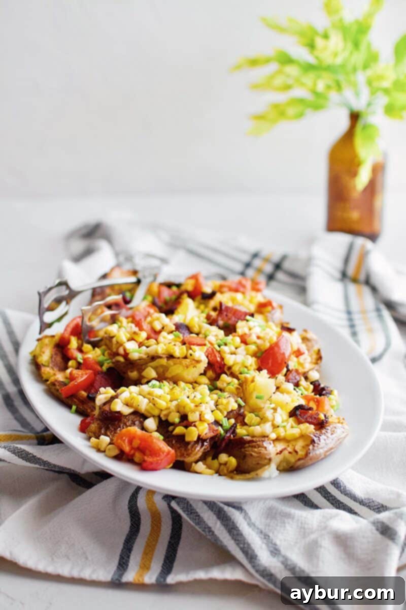 Close-up of Smashed Potatoes with Corn, Tomato, and Bacon Salad, showcasing textures and colors