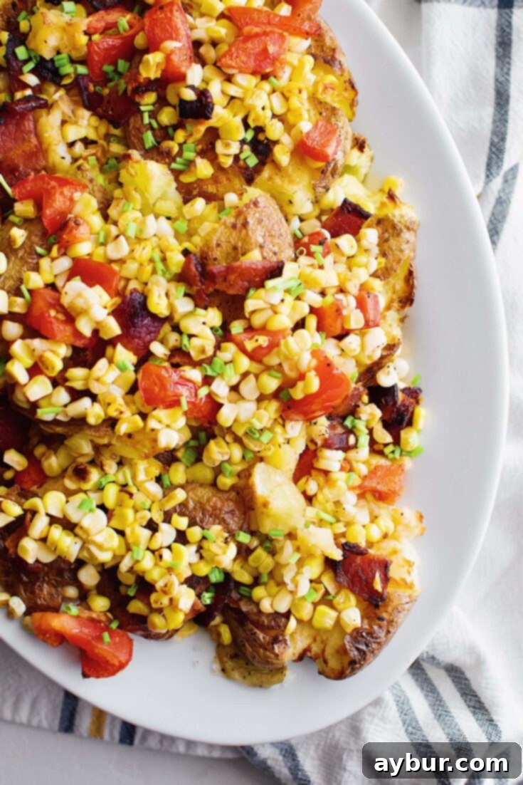 Smashed Potatoes with Corn, Tomato, and Bacon Salad