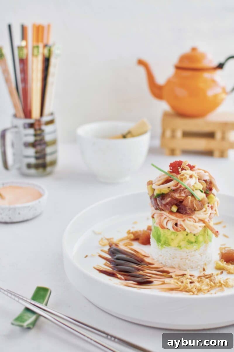 Ahi Tuna Tower recipe, showcasing the final beautiful plating and presentation.