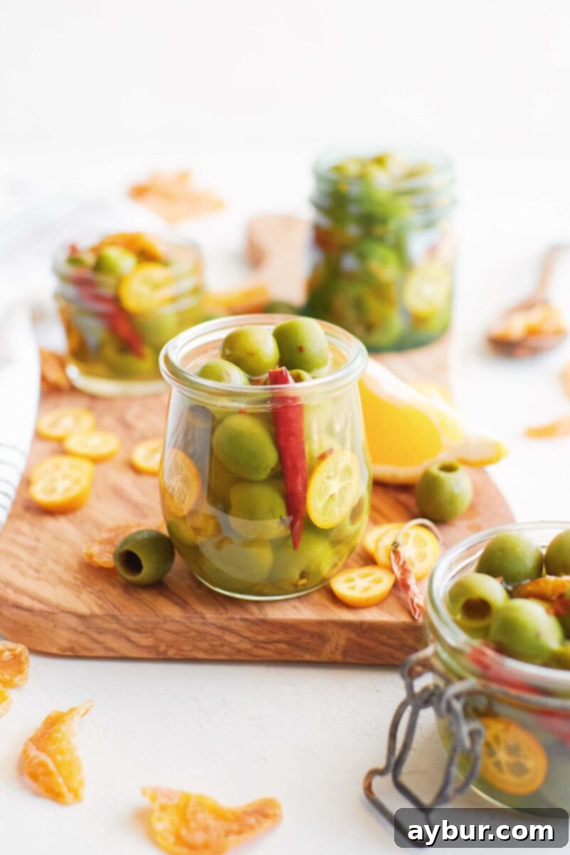 Spicy Citrus Marinated Olives 2 Vibrant green Marinated Olives in brine, ready to serve or gift