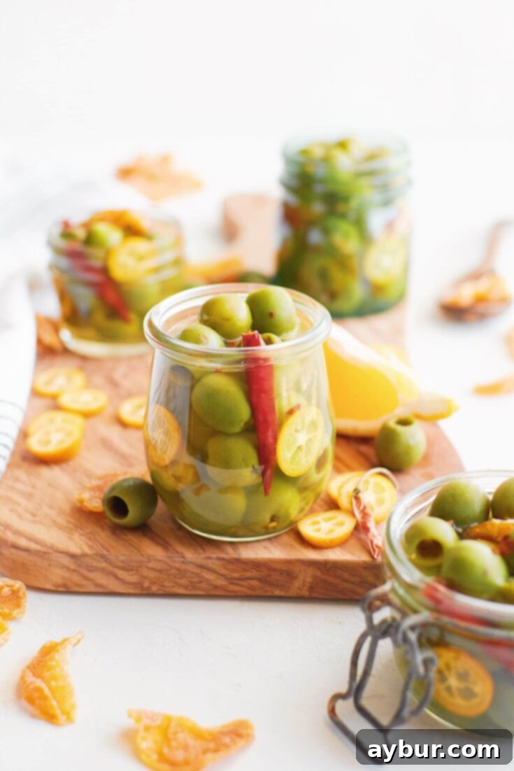 Spicy Citrus Marinated Olives 7 Vibrant green Marinated Olives in brine, ready to serve or gift