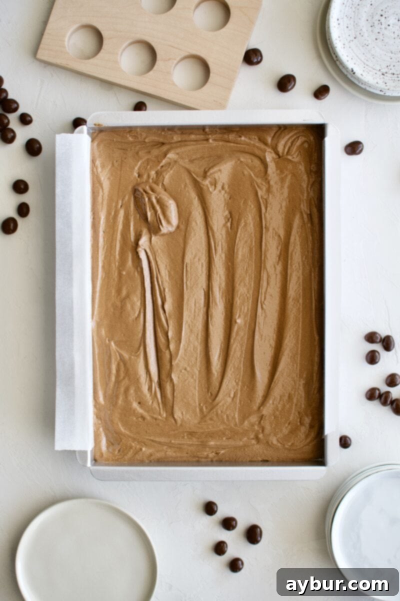 Rich chocolate cake batter spread evenly in a parchment-lined 9x13 inch baking pan, ready for the oven.