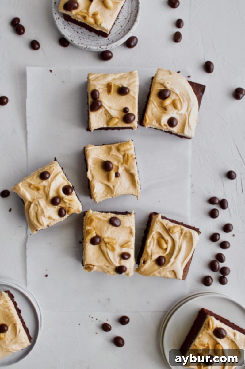 Multiple slices of Chocolate Covered Peanut Cake arranged on white plates, showcasing the layers and toppings, with additional peanuts scattered for garnish.