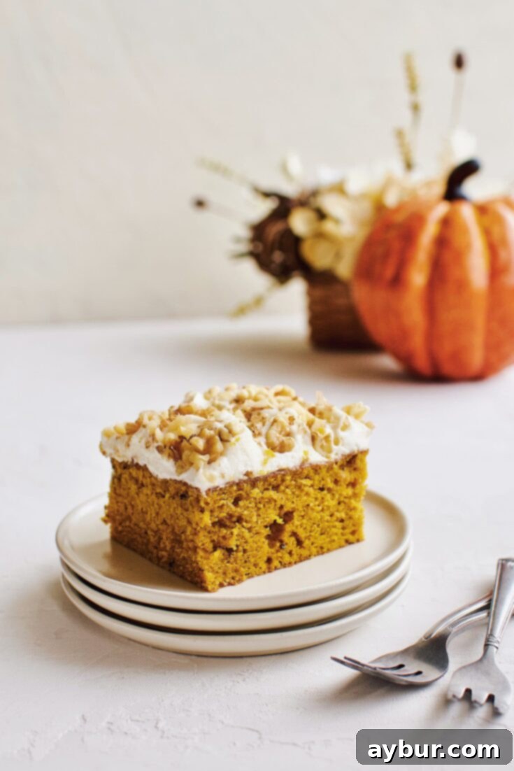 Spiced Pumpkin Walnut Cake with Creamy Cream Cheese Frosting 13 Pumpkin Walnut Sheet Cake with Cream Cheese Frosting, ready to be served