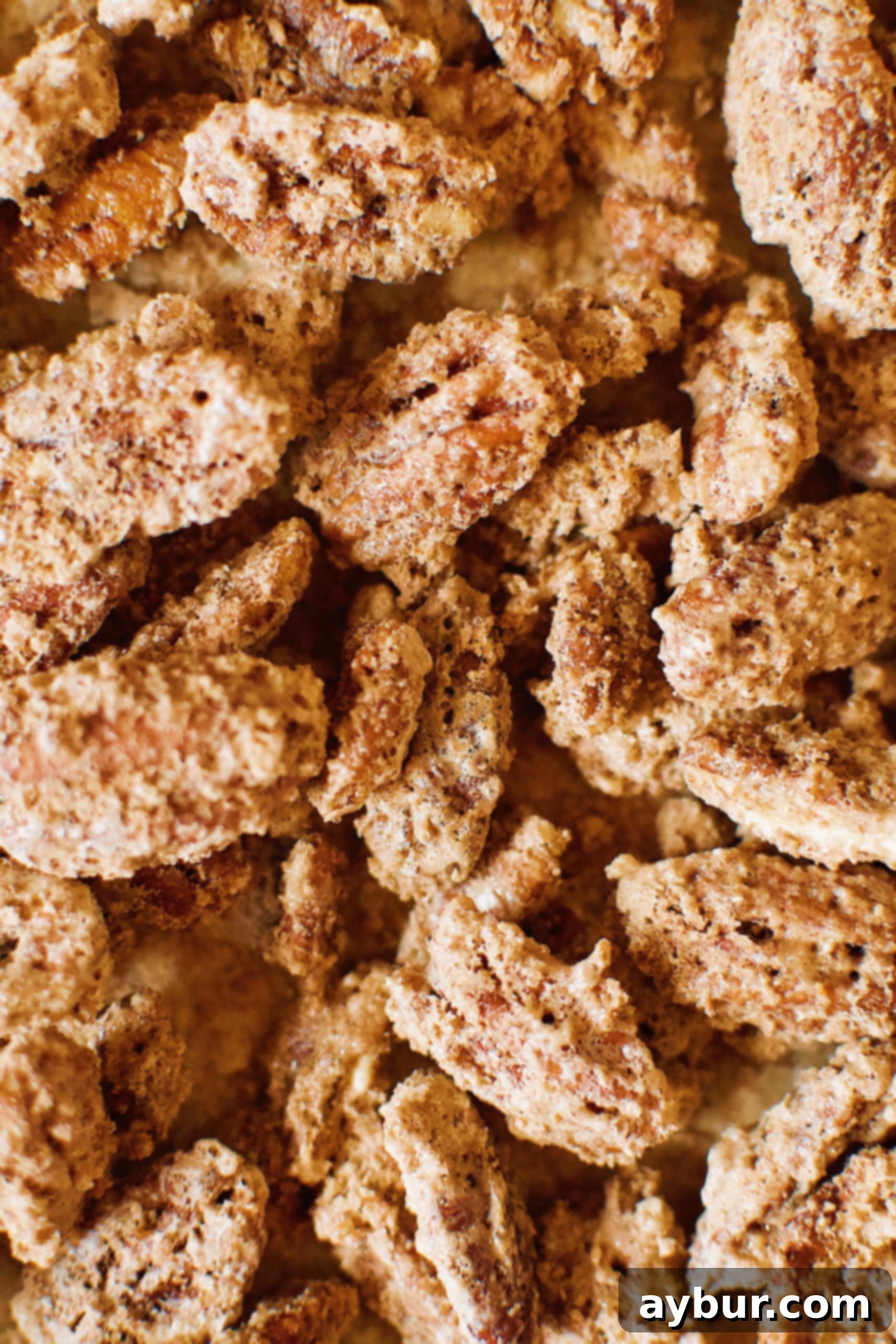 A bowl filled with golden-brown, glistening Pumpkin Spice Praline Pecans, ready for snacking or baking.