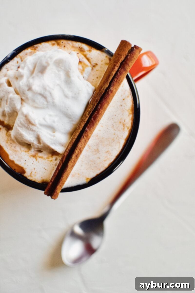 A vibrant orange camp mug filled with Pumpkin Spice Hot Chocolate, elegantly topped with fluffy chai whipped cream and a fragrant cinnamon stick.
