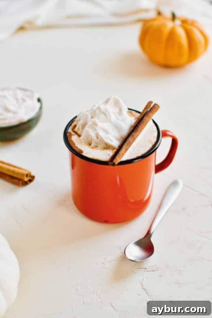 Pumpkin Spice Hot Chocolate in an orange camp mug topped with chai whipped cream and a cinnamon stick, a perfect fall treat.