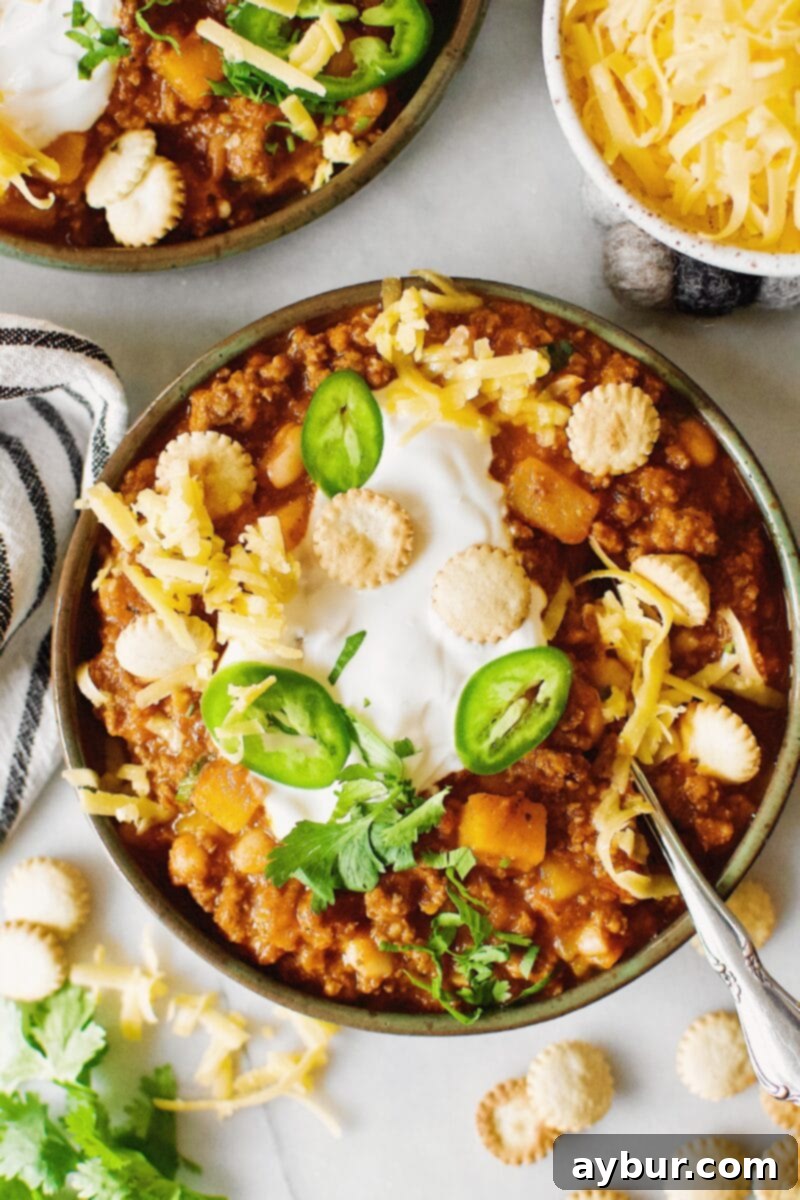 Harvest Pumpkin Chili 8 One bowl of Pumpkin Chili garnished with oyster crackers, cilantro, jalapeno and cheese.