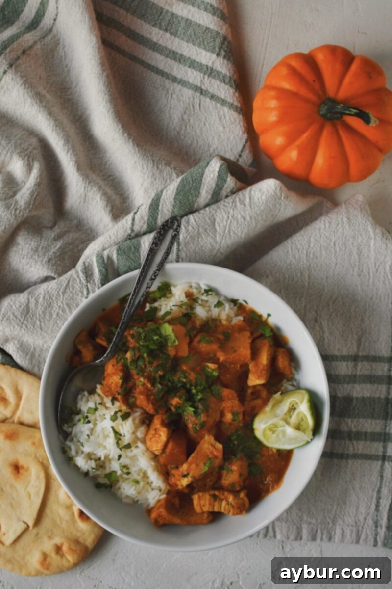 Looking into a bowl of Pumpkin Butter Chicken served over rice with naan bread on the side.