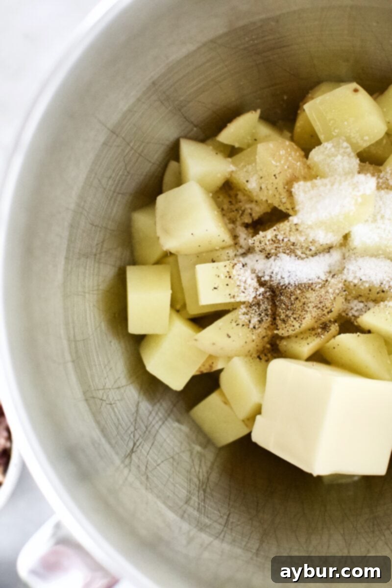 Loaded Baked Potato Mash 4 First step in the potato whipping process, showing cooked potatoes, butter, salt, and pepper in a stand mixer bowl.