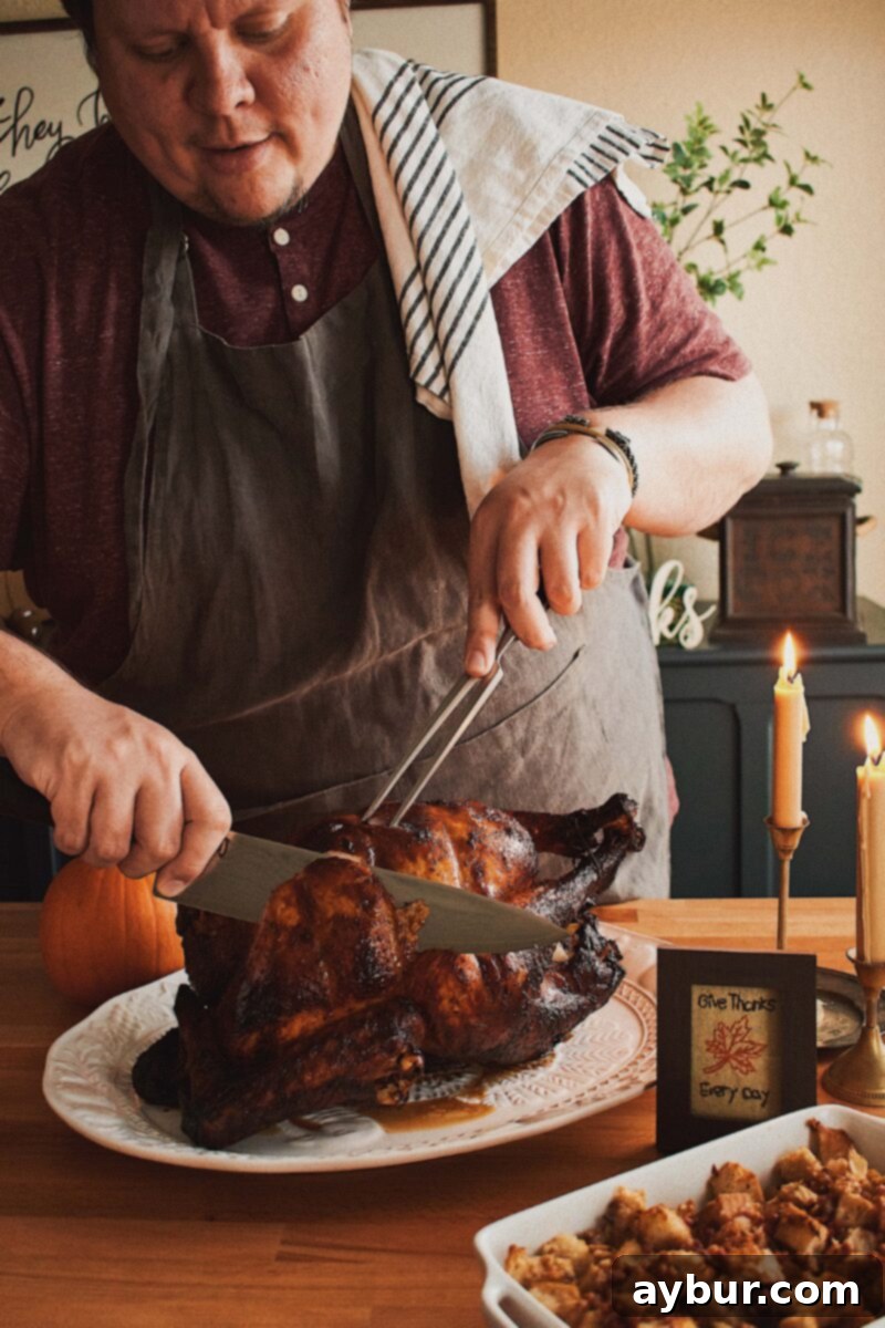 Sweet and Savory Maple-Soy Glazed Roast Turkey 2 Kendell carving the roasted Soy-Maple Glazed Roast Turkey, showcasing its golden-brown, crispy skin and tender meat.